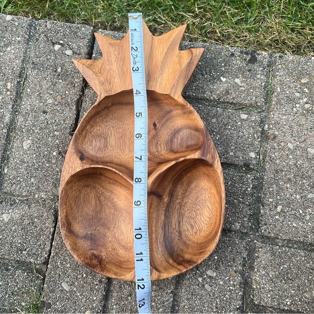 Vintage Hawaiian Tiki Monkey Pod Pineapple 12x7 Divided Serving Bowl - Picture 5 of 6